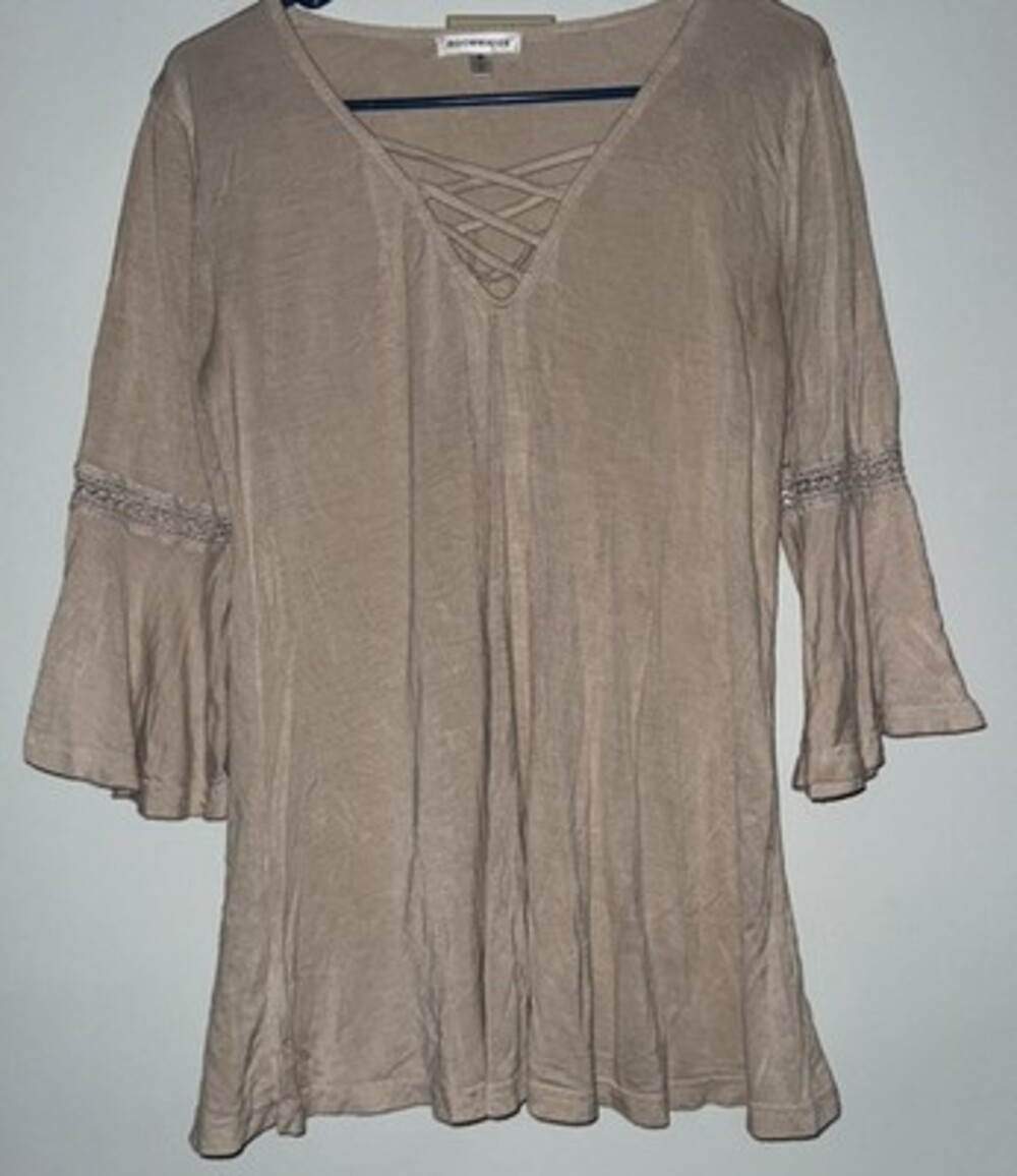 Roommates Woman’s Medium Beige Blouse Bell Sleeves Crochet Strappy Neckline Boho